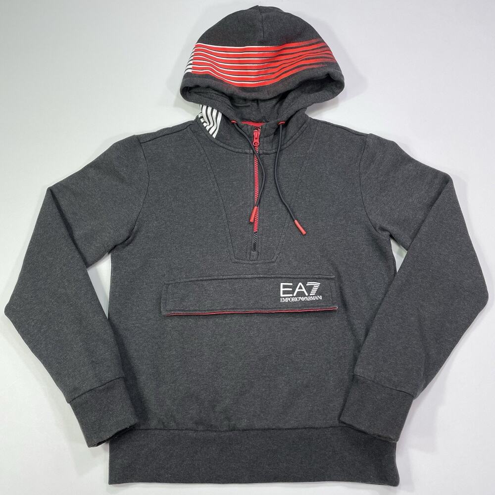 Emporio Armani Hoodie Pullover Gray Logo Men's Size S 1/4 Zip Kangaroo Pockets
